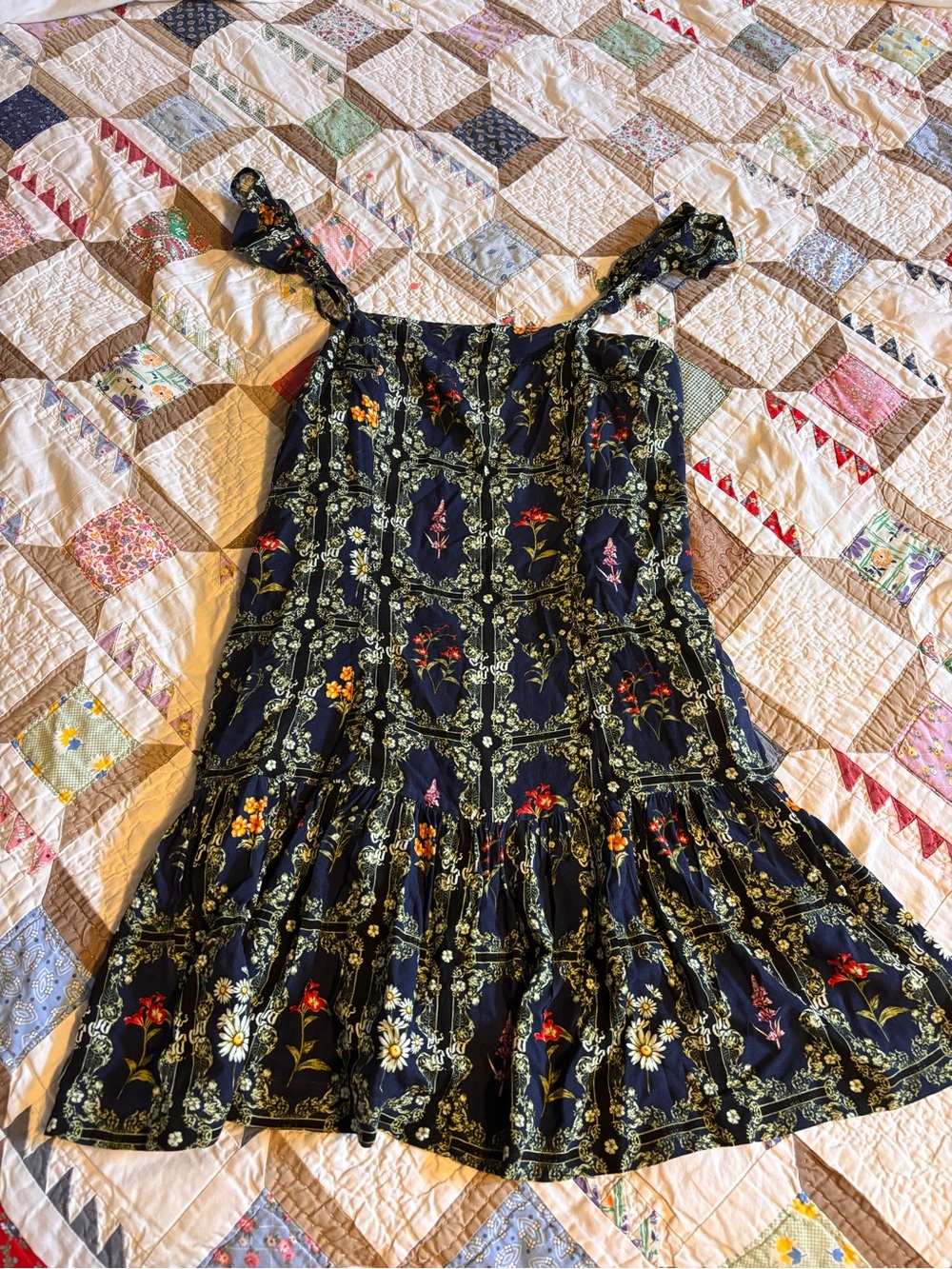 Agua Bendita Navy Floral Tiered Mini Dress with Red and Yellow Blooms